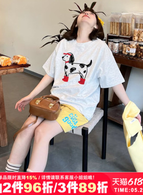 韩系ins风小个子慵懒风斑点狗印花灰色纯棉短袖t恤女2026春夏新款