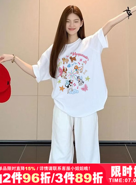 oversize小众涂鸦狗狗印花韩系小个子大码慵懒风纯棉白色短袖t恤