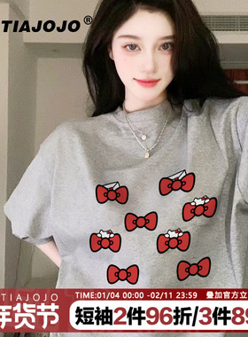 2025新款宽松ins风甜酷小众灰色纯棉短袖t恤oversize慵懒风上衣夏