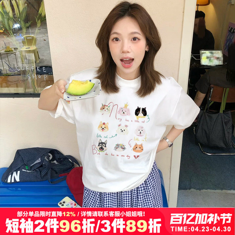 韩系ins风小众卡通猫咪狗狗印花小个子正肩纯棉白色短袖t恤上衣夏