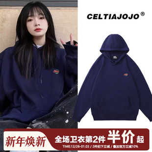 vintage美式 上衣女 宽松复古简约ins潮流印花连帽卫衣bf风秋冬新款