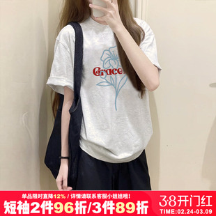 ulzzang宽松复古港风小众简约花花正肩花灰色短袖t恤女2026夏季新