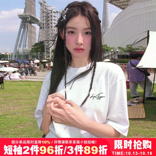 ulzzang小众复古慵懒风简约设计感字母印花灰色短袖t恤bf风情侣装
