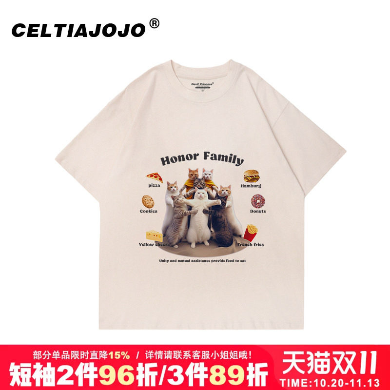 chic宽松复古风小众猫咪印花纯棉短袖t恤oversize慵懒风半袖上衣