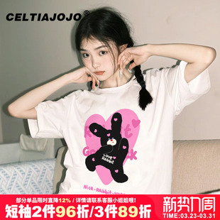 潮 夏季 甜酷辣妹ins风小众卡通兔子印花短袖 t恤女小个子慵懒风半袖