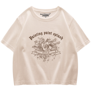 美式vibe风复古印花短款t恤女纯棉杏色正肩短袖ins港风露脐上衣潮