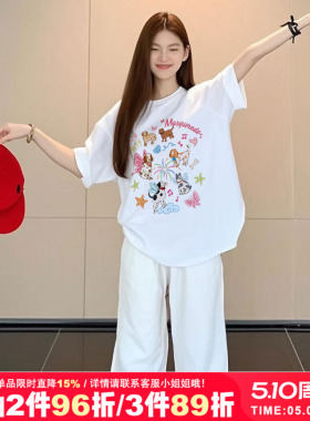 oversize小众涂鸦狗狗印花韩系小个子大码慵懒风纯棉白色短袖t恤