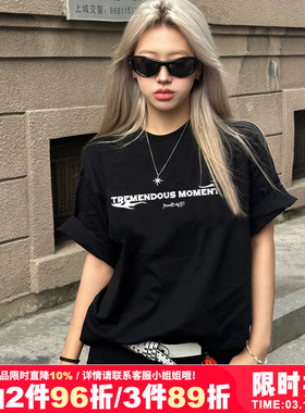 vintage街头潮牌慵懒风正肩黑色纯棉短袖t恤bf风情侣装半袖内搭女