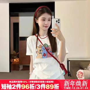 t恤女休闲宽松显瘦纯棉半袖 重磅纯棉小熊印花短袖 ins 夏季 2025新款