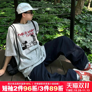 chic复古美式街头甜酷嘻哈原宿风正肩灰色纯棉短袖t恤女2026夏季