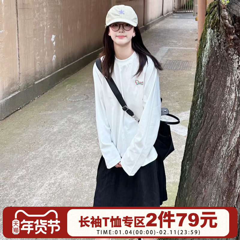vintage复古美式学院风腊肠狗狗印花纯棉白色长袖t恤衫女初秋新款,女装/女士精品,T恤,淘宝优惠券,粉丝福利购,淘宝优惠卷