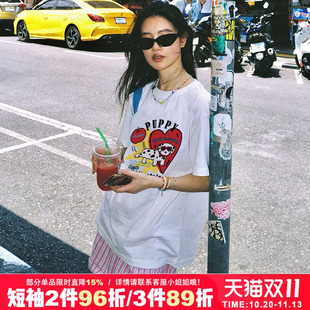 港风chic复古慵懒风街头甜酷重磅白色短袖t恤ulzzang嘻哈印花半袖