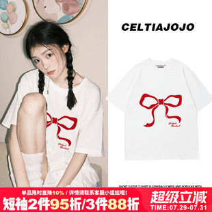t恤女chic夏季 2025港风宽松小众ins潮蝴蝶结印花白色短袖 休闲上衣