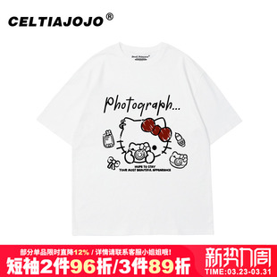 chic小众韩系复古卡通猫印花白色纯棉短袖 潮 t恤女ins休闲百搭半袖