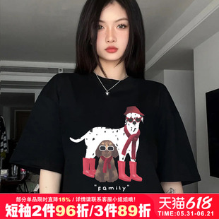 美式复古小众设计感ins潮牌黑色正肩短袖t恤女宽松大码纯棉半袖夏