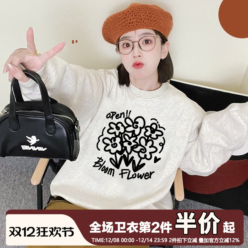 加绒加厚宽松复古圆领卫衣