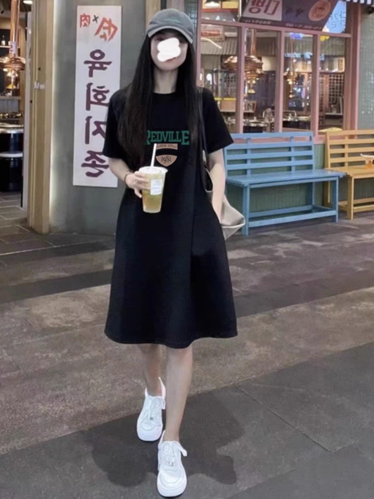 黑色短袖T恤裙女2025年夏季新韩版洋气印花宽松休闲中长款连衣裙