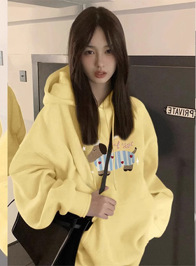 韩系黄色连帽卫衣女2025新款秋季余晖风穿搭加绒加厚宽松外套上衣