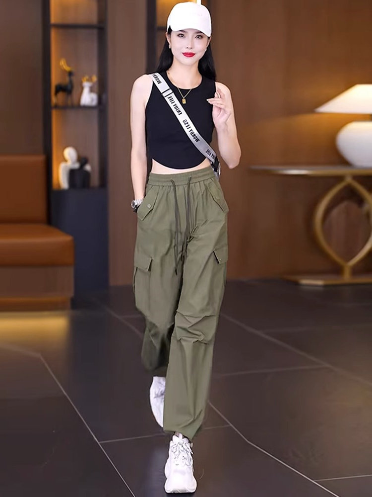 美式军绿色工装裤女夏季薄款松紧高腰宽松束脚运动裤直筒宽裤子