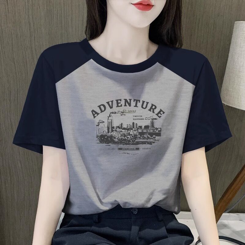 正肩撞色短袖t恤女2025夏季新款大尺码宽松圆领印花插肩袖T恤上衣