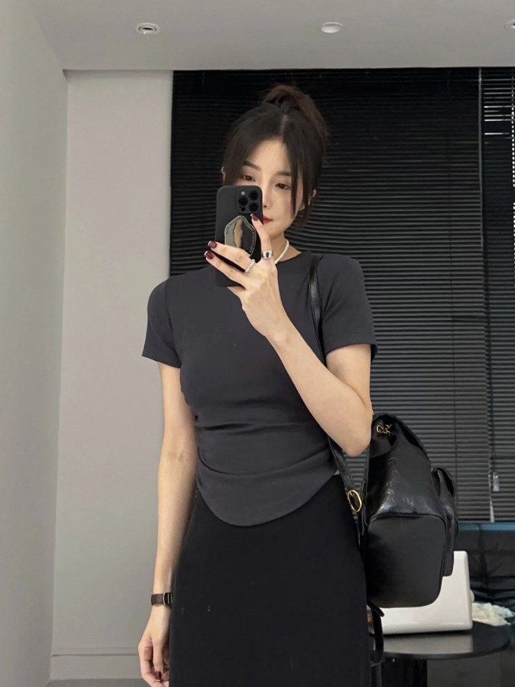 正肩短袖t恤女士夏季新款洋气掐腰小衫修身短款褶皱圆领半袖上衣