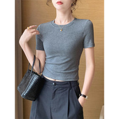 灰色圆领短袖 正肩T恤性感辣妹0202r 紧身显瘦短款 T恤女士夏季 薄款