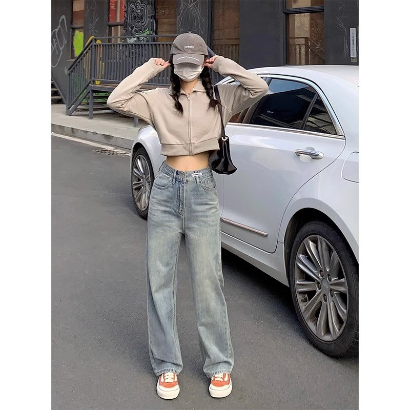 复古蓝高腰直筒牛仔裤女2025夏季新款宽松显瘦大码垂感阔腿拖地裤