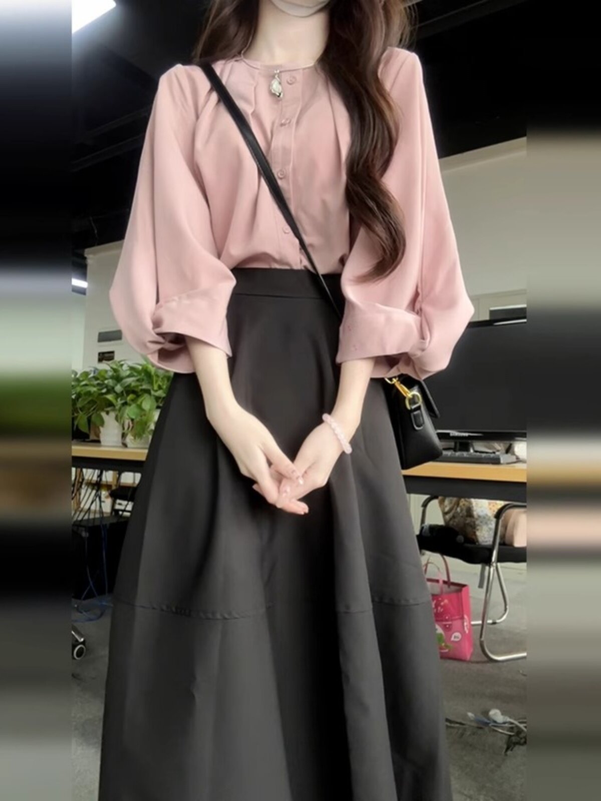 洋气减龄夏装搭配一整套女士设计感七分袖衬衫高腰A字长裙两件套