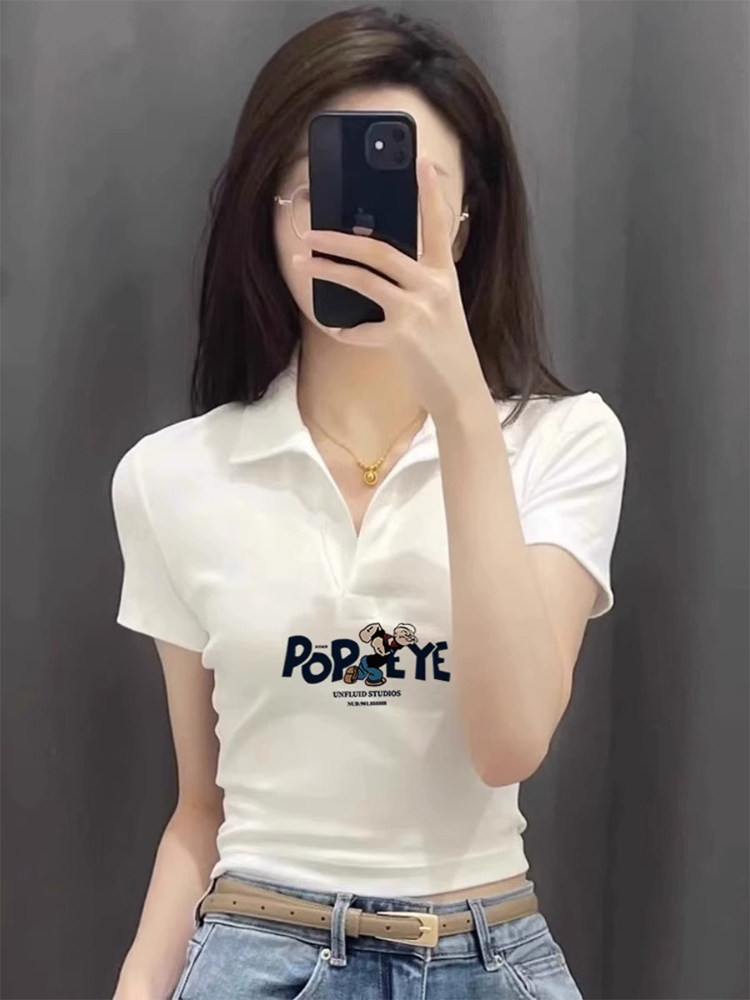 白色polo领正肩短袖T恤女士夏季辣妹修身显瘦短款体恤甜辣小上衣
