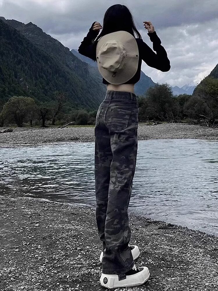 窄版迷彩阔腿工装裤女春季美式高腰运动裤户外登山裤国庆旅游穿搭