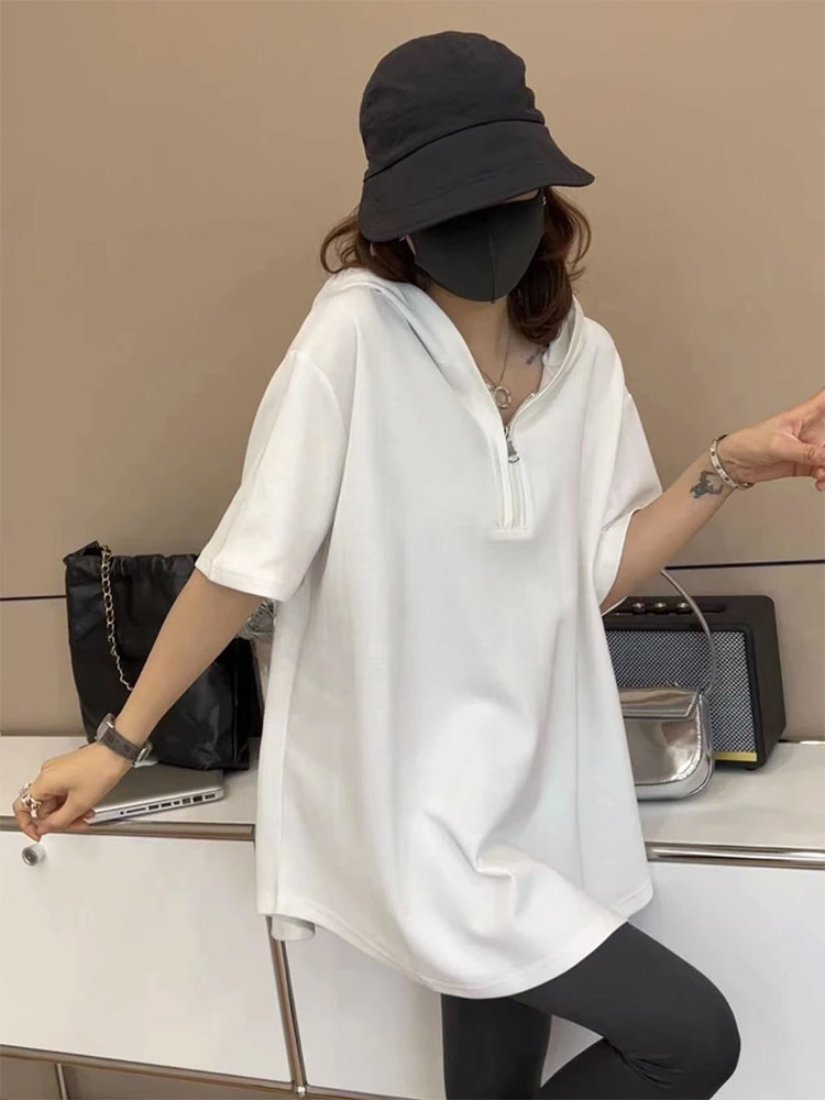 连帽短袖T恤女2024夏季新款减龄大版宽松遮肉显瘦中长款半袖卫衣