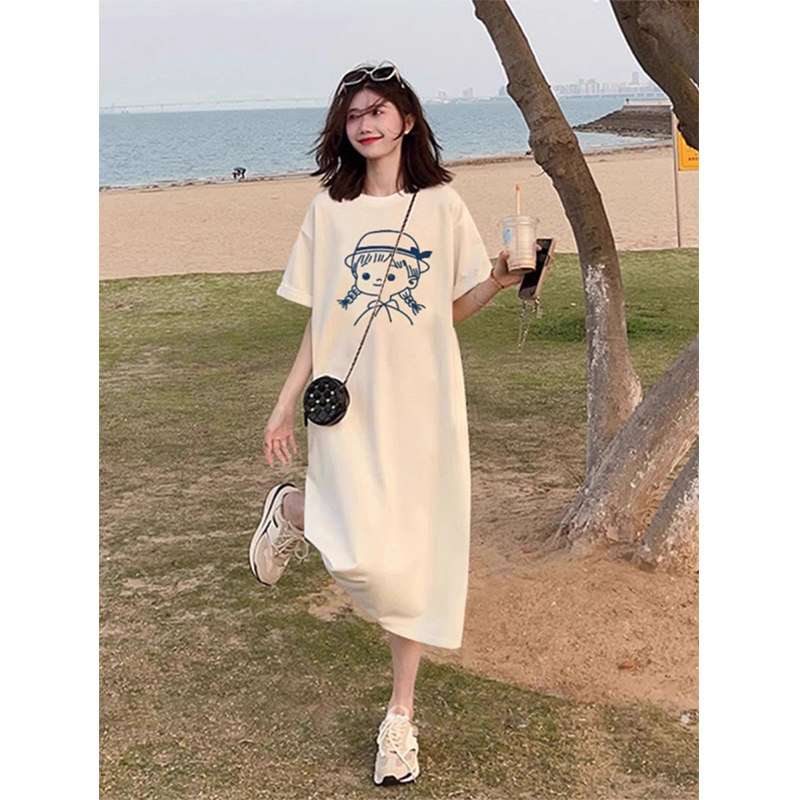 大码胖mm短袖T恤裙女2026夏季新款洋气卡通印花中长款圆领连衣裙