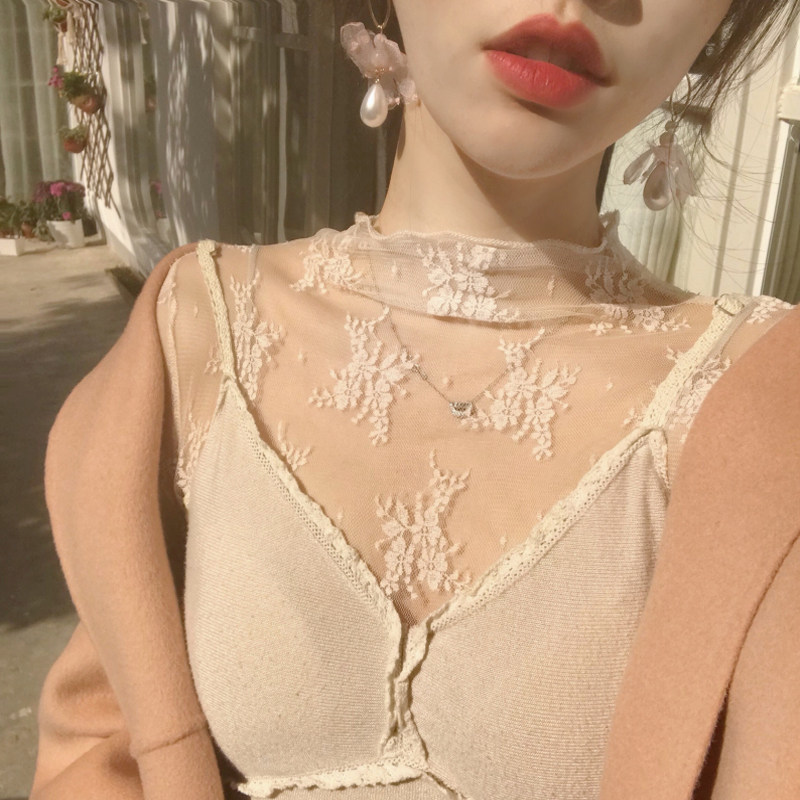 半高领蕾丝衫女春季韩版性感微透网纱打底衫长袖超仙气质内搭上衣