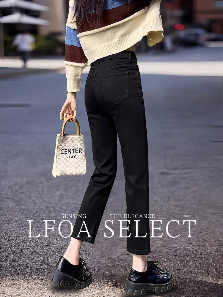 黑色直筒牛仔裤女秋季2025新款高腰显瘦小个子休闲八分法棍烟管裤
