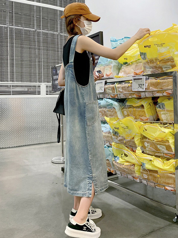 牛仔抱婴袋裙女士2026春季新款清纯可爱宽松小个子开叉中长版洋装