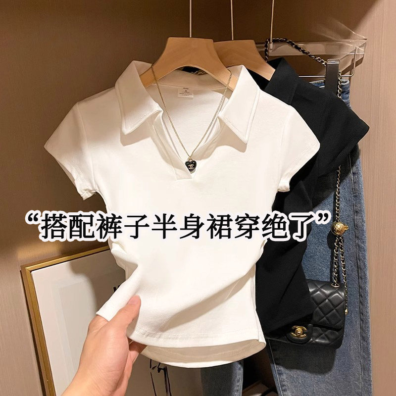 2条装 白色polo领正肩短袖t恤女士夏季修身短款收腰褶皱体恤上衣