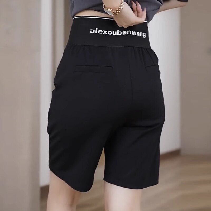 黑色西装短裤女夏季薄款高腰显瘦字母直筒中裤A字休闲运动五分裤
