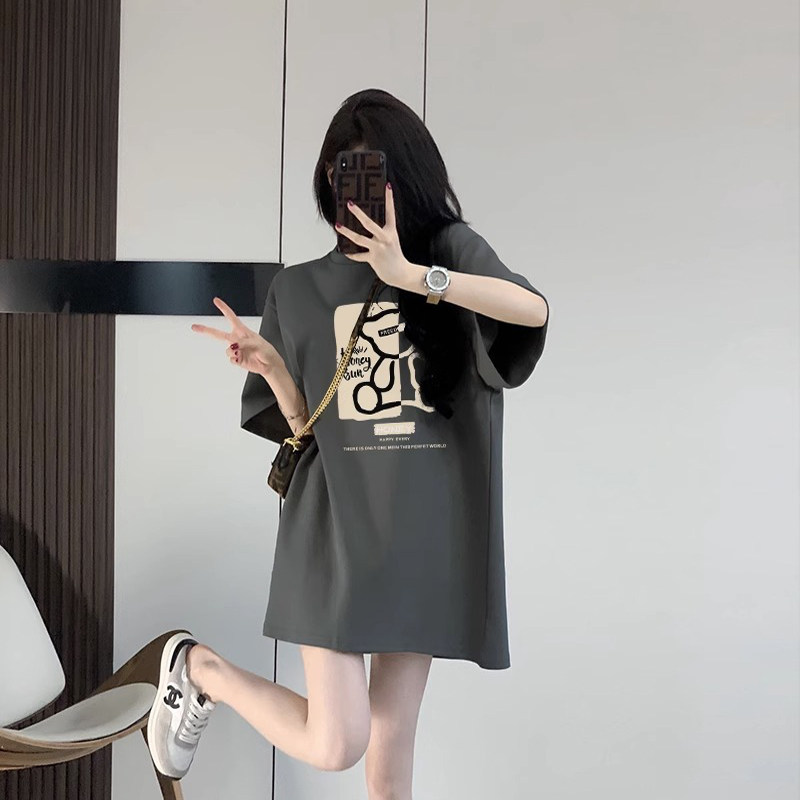 纯棉短袖T恤女春夏下衣失踪大版宽松中长款小熊印花正肩体恤上衣