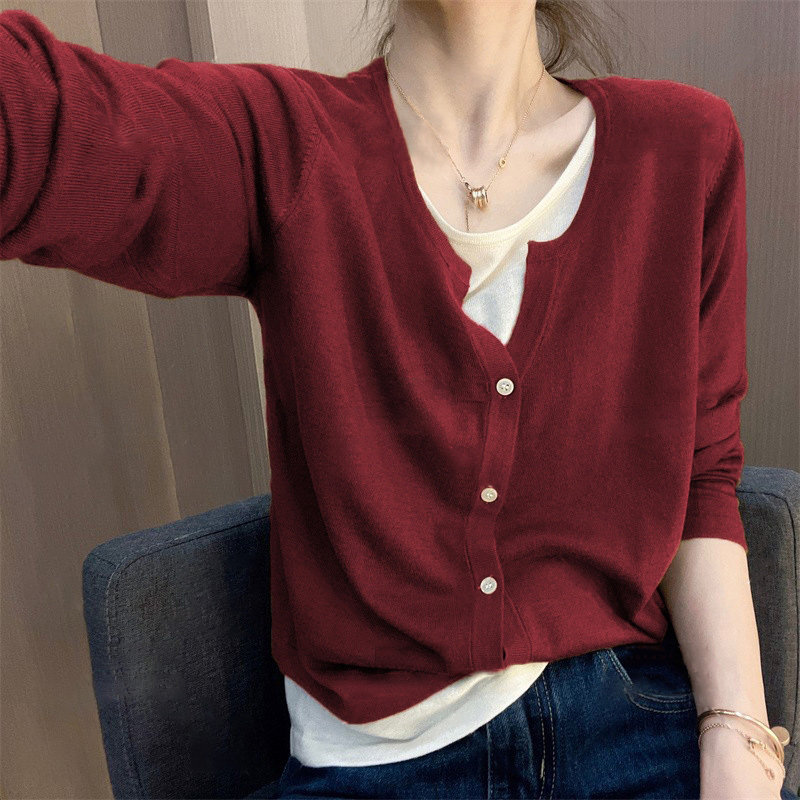 安可拉红V领假两件针织衫女2025春季新款显瘦套头长袖毛衣打底衫