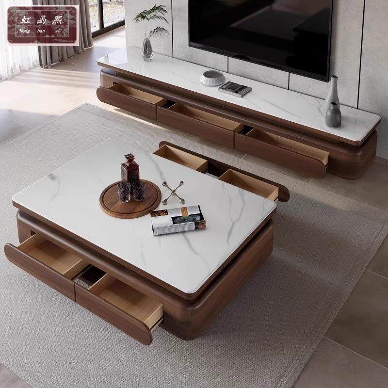 简约现代新胡桃色中古风实木茶几小户型客厅电视柜茶几组合储物柜