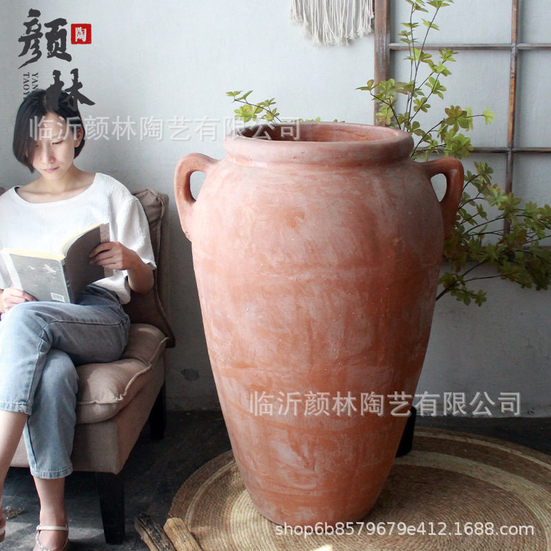 美版大陶罐落地大陶器景观花盆粗陶大高盆红陶大罐庭院大号陶罐子
