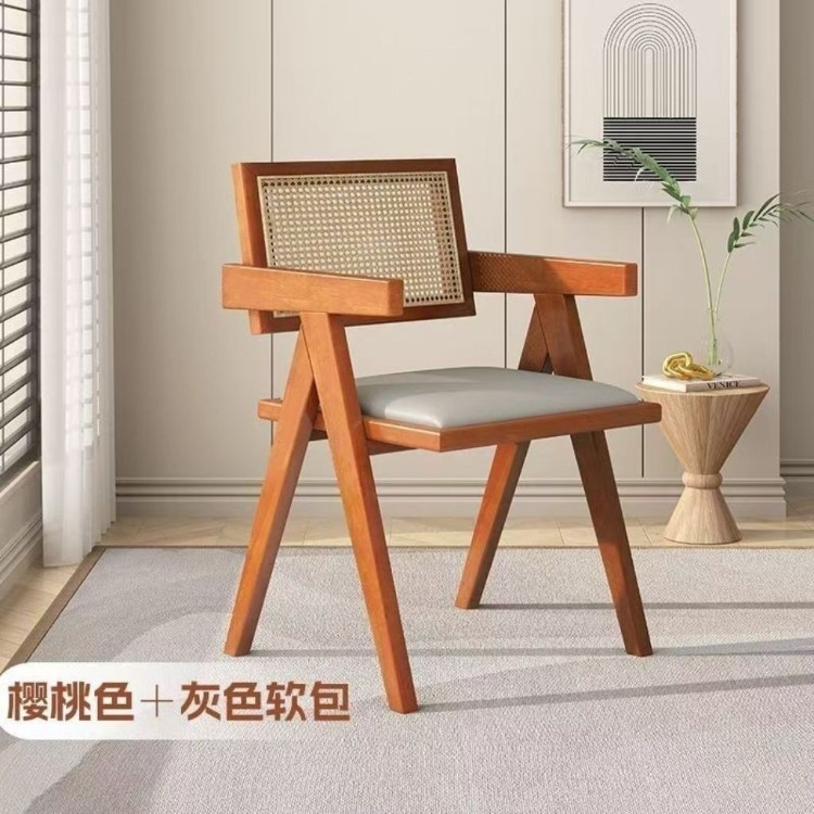 谷汐梦中式实木藤编带扶手餐椅北欧简约民宿阳台椅子昌迪加尔椅