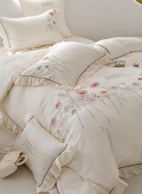 荷叶蕾丝边花卉刺绣100支兰精天丝四件套凉感冰丝裸睡床单被套1.8