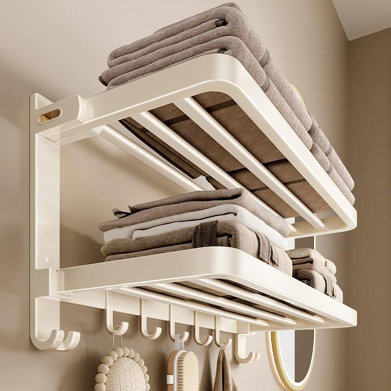 奶油风卫生间毛巾置物架浴室浴巾置物架免打孔太空铝可折叠毛巾架
