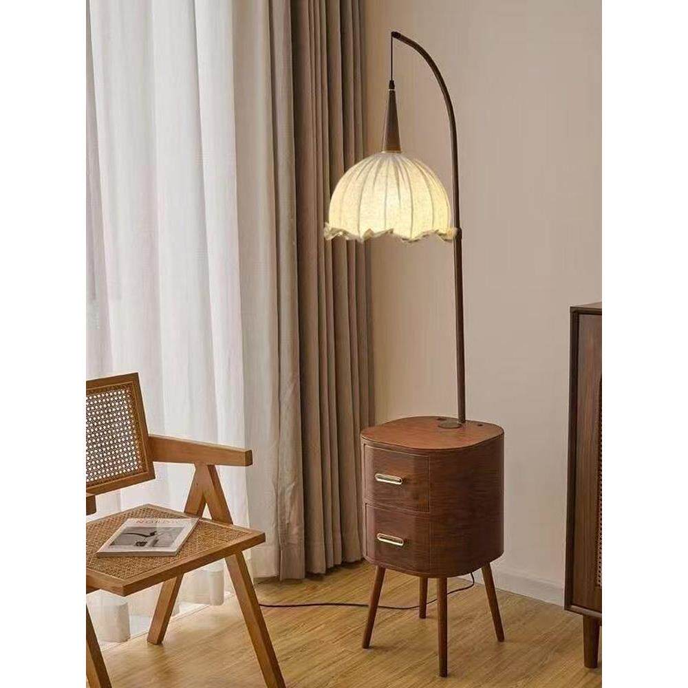 复古风落地灯卧室抽屉床头柜一体中古风高级感床头灯沙发旁置物架