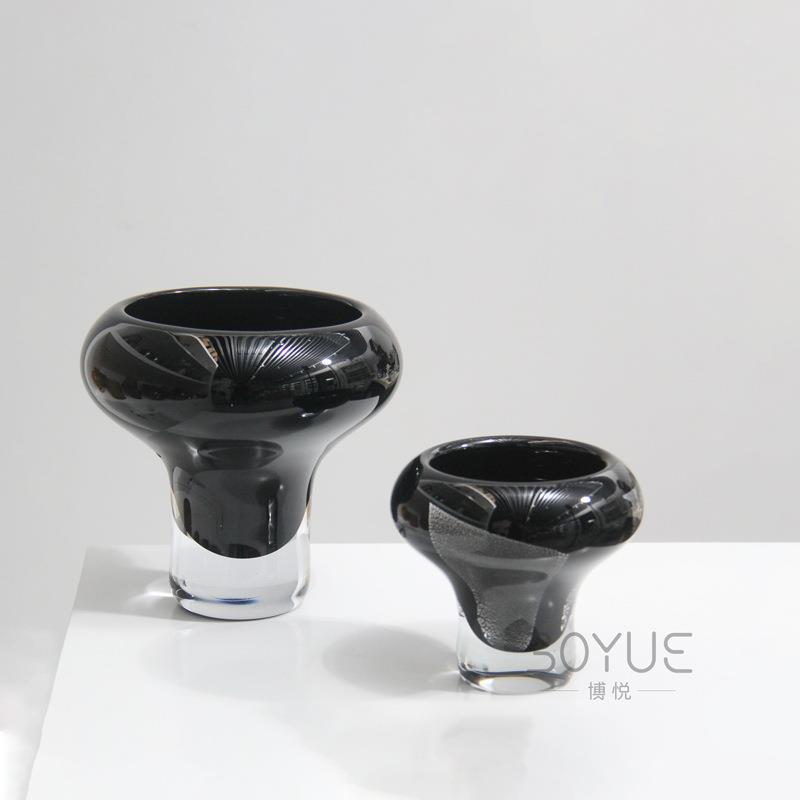 现代简约轻奢黑色大口高脚琉璃花瓶设计师样板间软装花艺装饰摆件