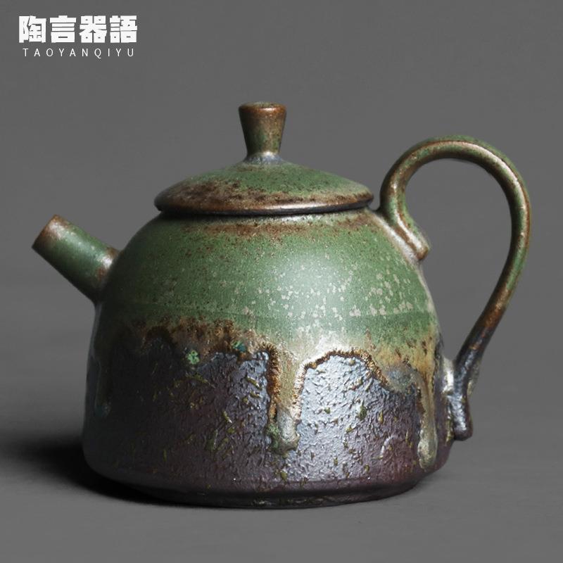复古窑变青铜釉唐羽手持茶壶手工陶艺流釉纹理效果功夫泡茶器单壶