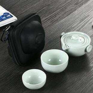 镜清汝窑快客杯一壶一二两杯迷你旅行小茶具套装便携开片户外陶瓷