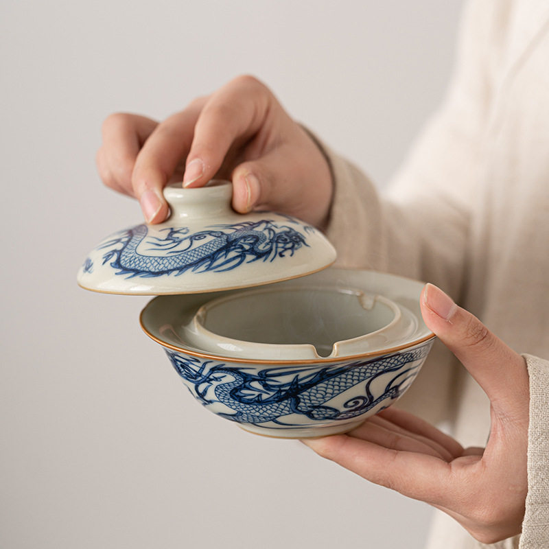 仿古汝窑烟灰缸家用青花龙纹带盖防风灰缸办公室高级感轻奢烟盅