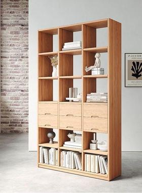 全实木松木书架落地客厅玄关柜一体靠墙展示架多层格子书柜